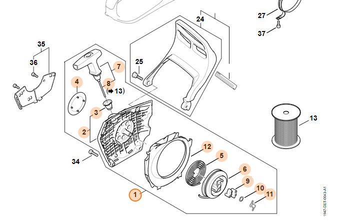 STIHL 1147 080 2101 Starter Assembly  Genuine STIHL MS500i Recoil Starter